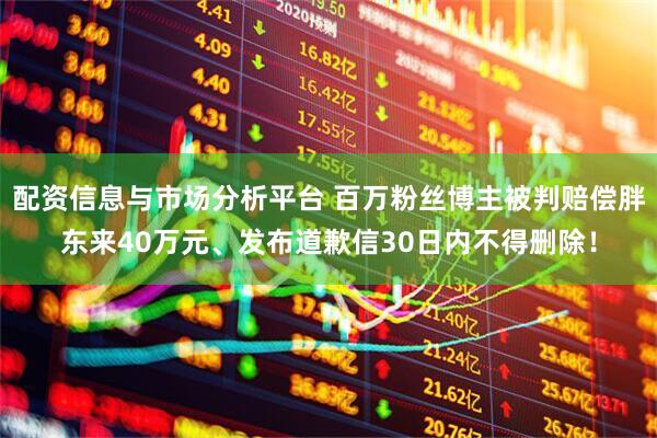 配资信息与市场分析平台 百万粉丝博主被判赔偿胖东来40万元、发布道歉信30日内不得删除！